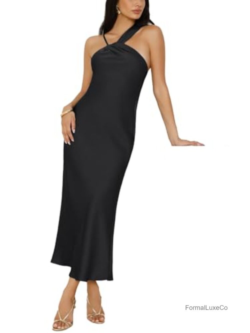 Satin Asymmetric Neckline Sleeveless Midi Dress Formal Wedding Guest